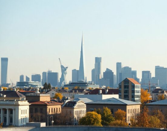 European financial district skyline under clear sky, representing EU crypto regulation and stablecoin market access.