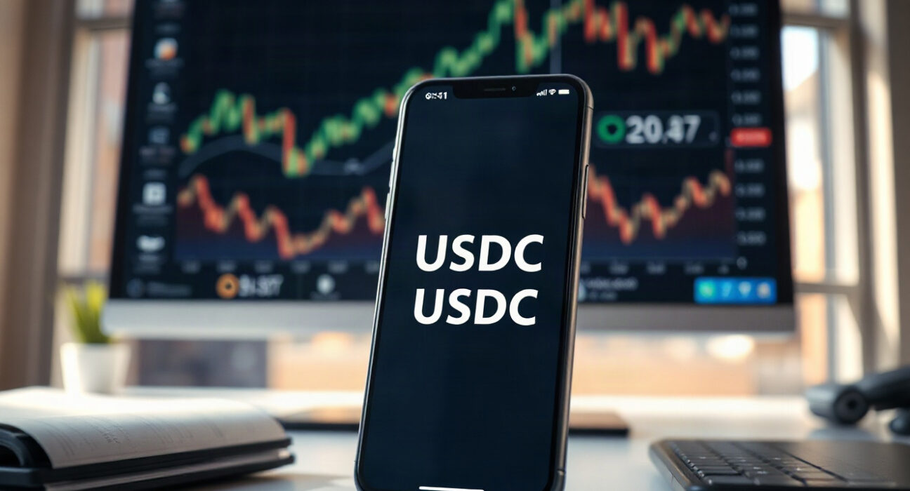 Smartphone displaying USDC wallet balance with blockchain network charts in background