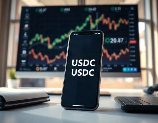 Smartphone displaying USDC wallet balance with blockchain network charts in background