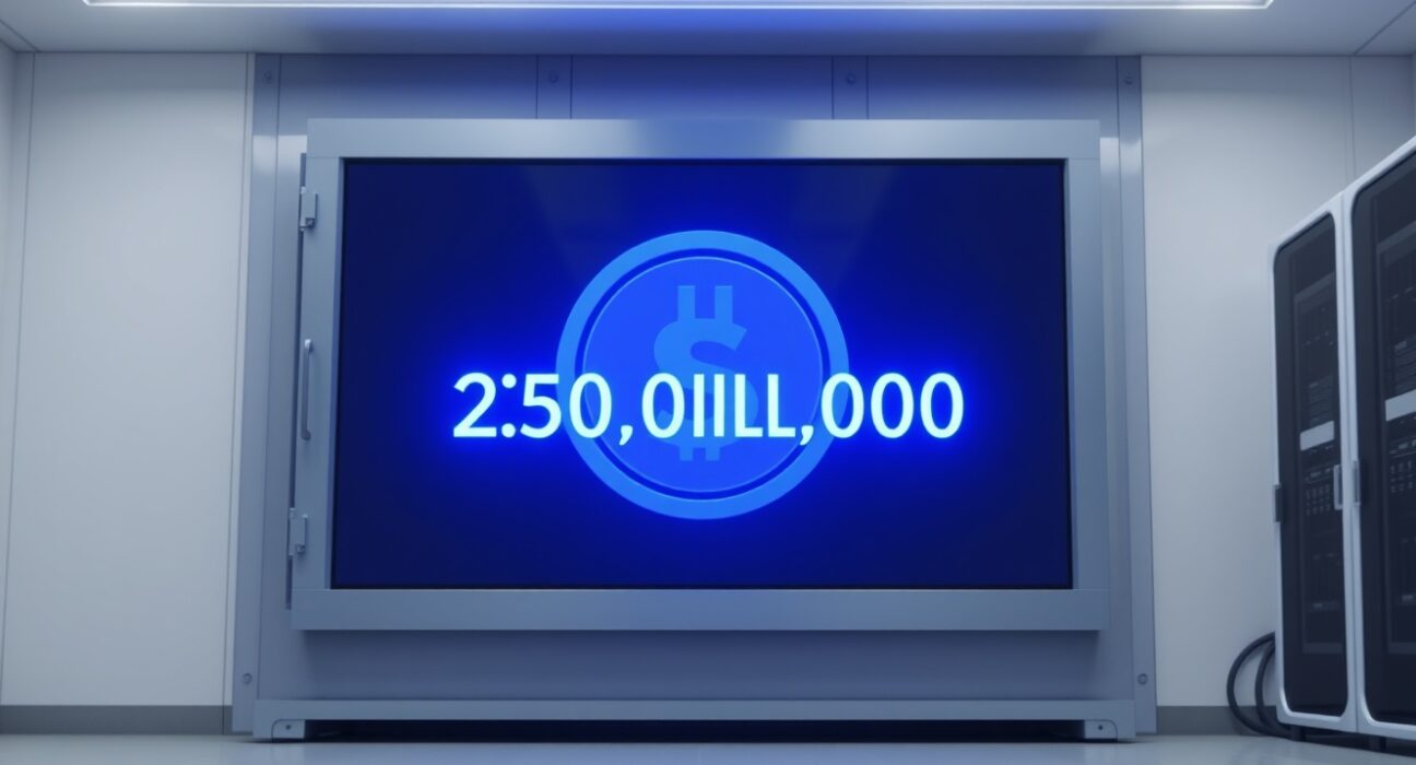 Digital display showing 250 million USDC minted in a modern financial treasury setting.