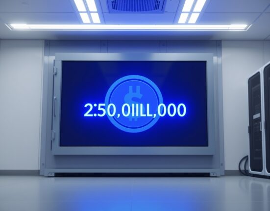 Digital display showing 250 million USDC minted in a modern financial treasury setting.