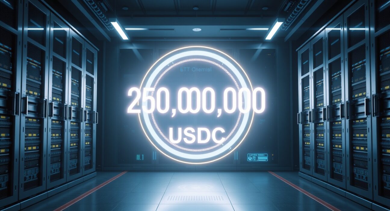 A digital display showing 250,000,000 USDC inside a modern financial treasury.