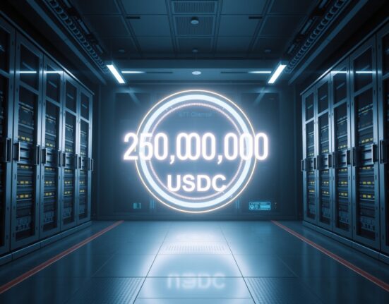 A digital display showing 250,000,000 USDC inside a modern financial treasury.