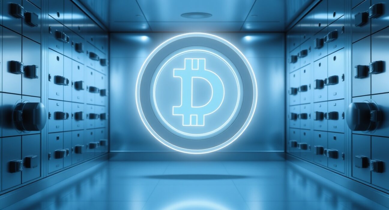 A digital USDC coin glowing inside a modern bank vault, representing the latest mint on Solana.