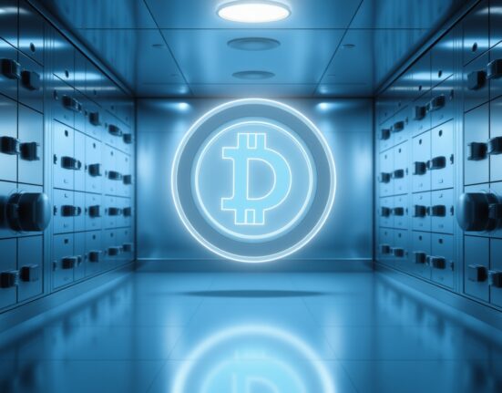 A digital USDC coin glowing inside a modern bank vault, representing the latest mint on Solana.