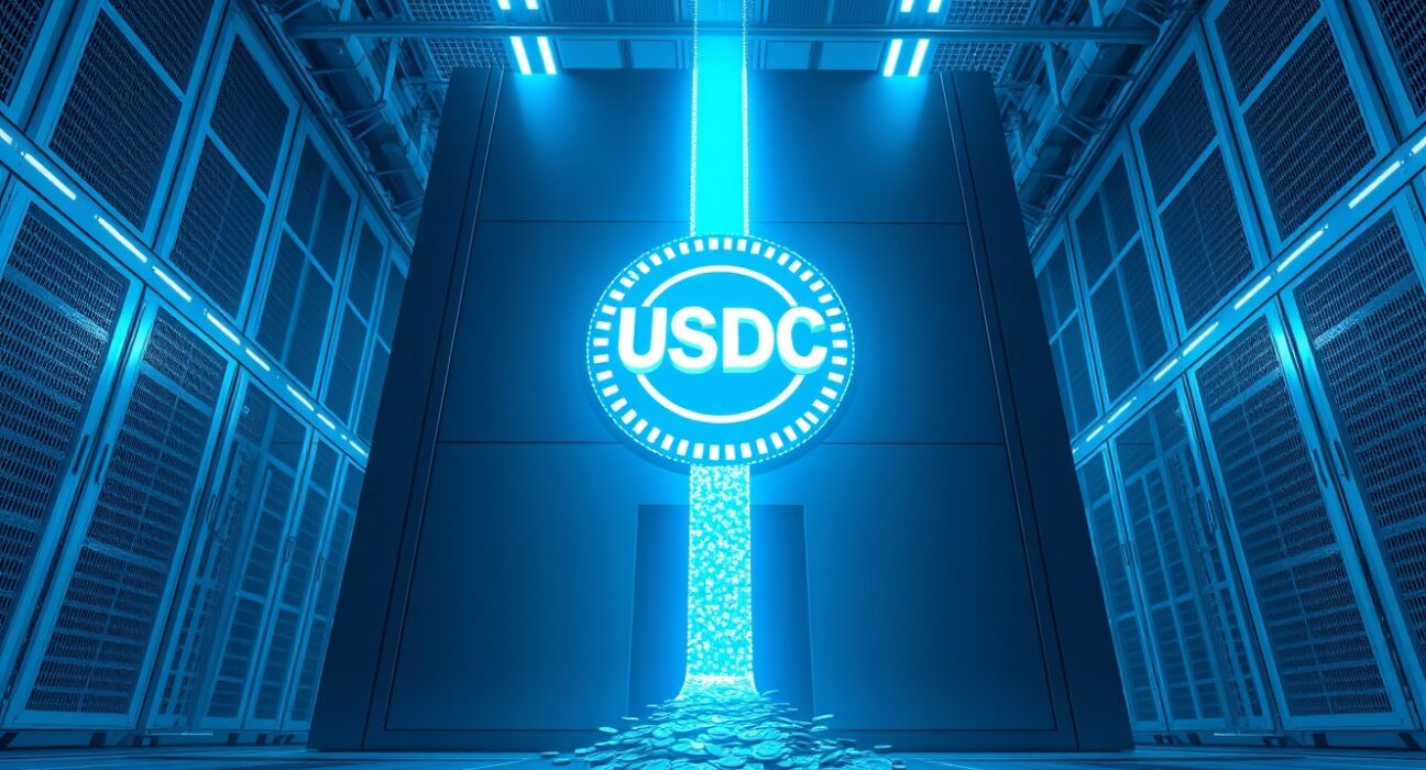 Digital illustration of a USDC stablecoin minting facility with a stream of digital coins.