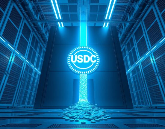 Digital illustration of a USDC stablecoin minting facility with a stream of digital coins.