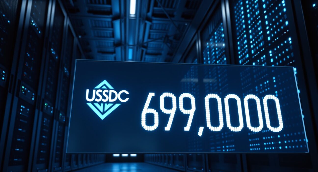 Digital display showing 699,000,000 USDC in a modern data center, representing a large stablecoin minting event.