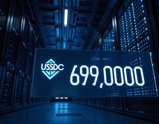 Digital display showing 699,000,000 USDC in a modern data center, representing a large stablecoin minting event.