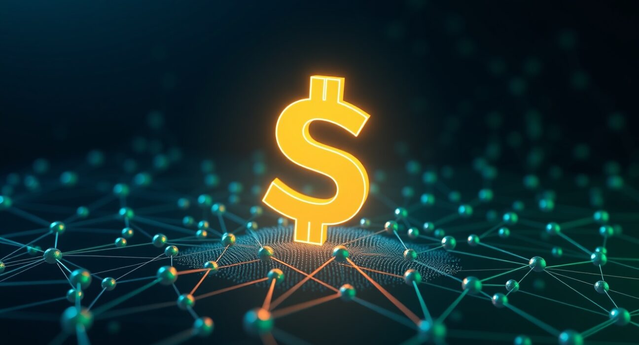 Digital USDC stablecoin symbol on a blockchain network background representing Circle minting on Solana.