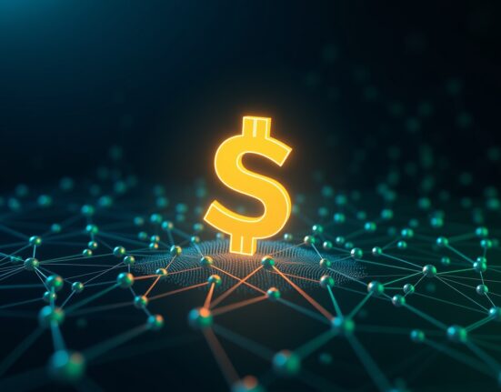 Digital USDC stablecoin symbol on a blockchain network background representing Circle minting on Solana.