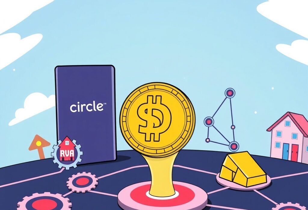 A cartoon illustration showing native USDC seamlessly integrating with a blockchain network, enhancing real-world asset transactions.