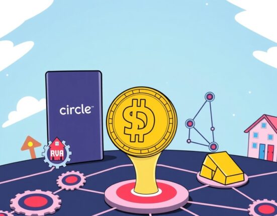 A cartoon illustration showing native USDC seamlessly integrating with a blockchain network, enhancing real-world asset transactions.