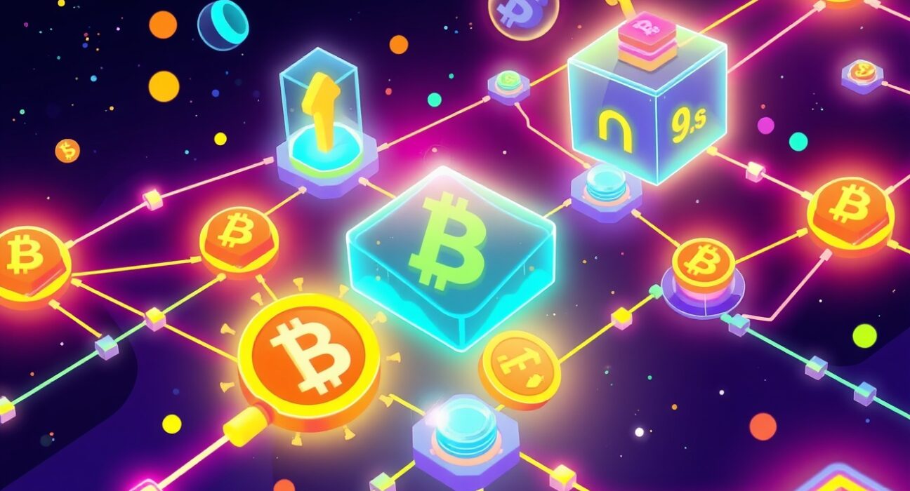 Circle new token blockchain network with digital assets flowing through glowing nodes