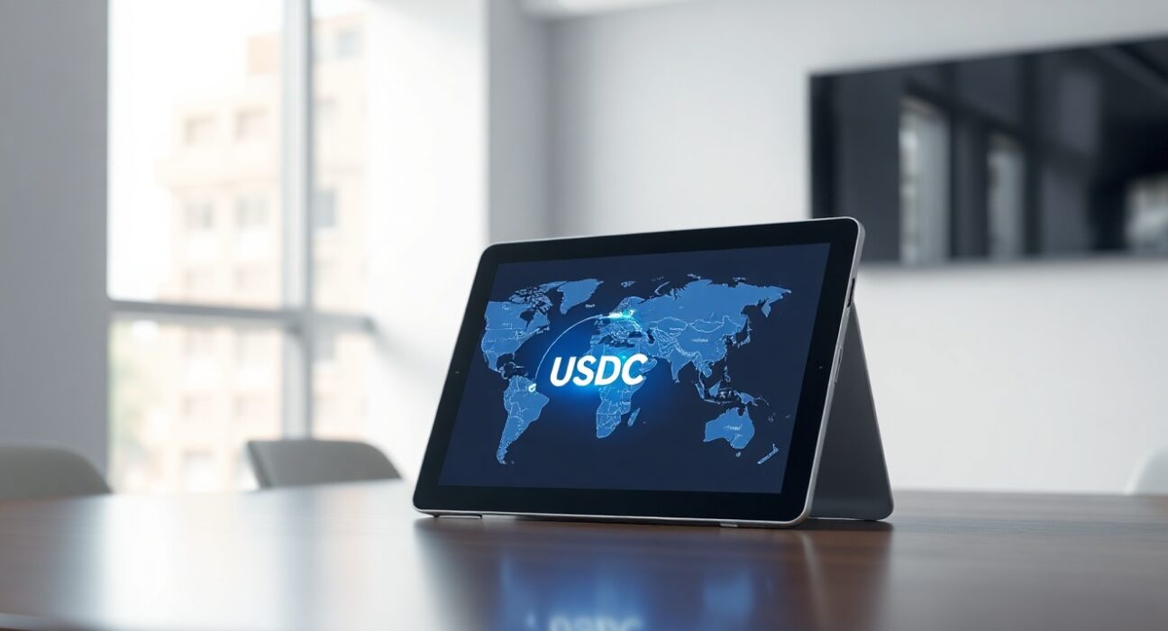 Digital payment interface showing USDC cross-border transaction between US and Asia maps