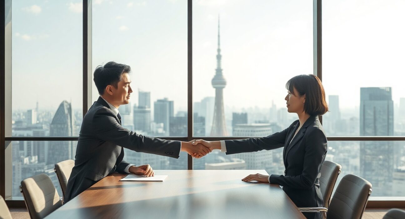 Two business professionals shaking hands in a Tokyo office with city skyline view, representing Circle and Nomura partnership