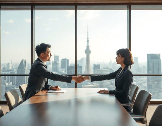 Two business professionals shaking hands in a Tokyo office with city skyline view, representing Circle and Nomura partnership