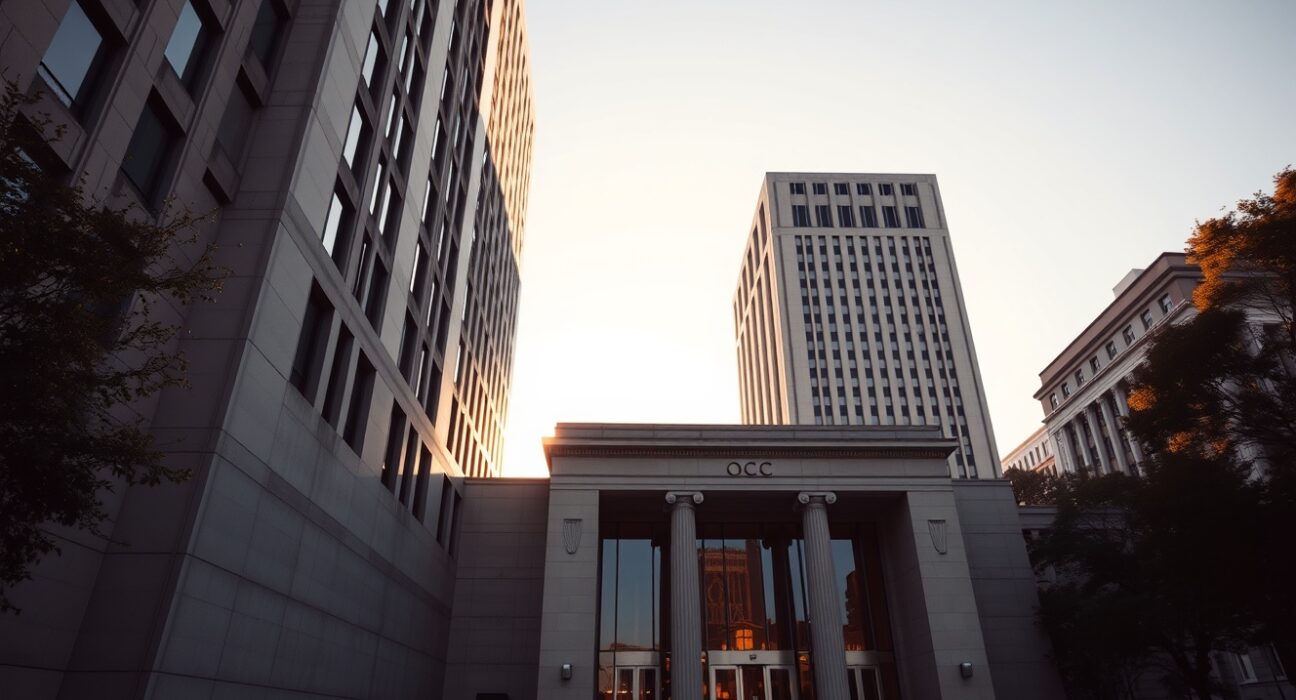 Exterior of a federal building in Washington, D.C., representing the OCC headquarters, in late afternoon light.