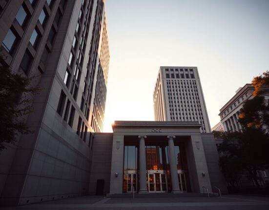 Exterior of a federal building in Washington, D.C., representing the OCC headquarters, in late afternoon light.