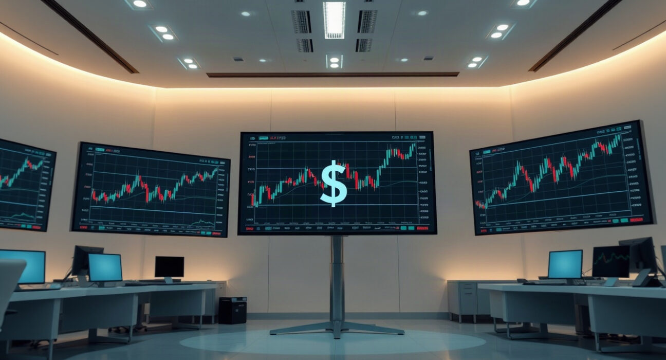 Trading screens displaying charts in a modern financial environment, representing crypto trading.