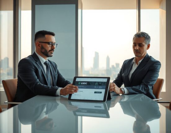 Business professionals in Bahrain reviewing USDC transaction on tablet in modern office