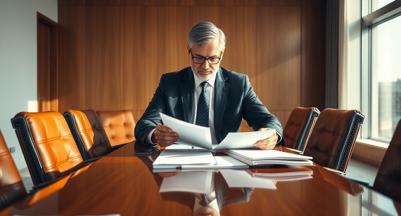 Circle president Heath Tarbert reviewing documents in a corporate boardroom