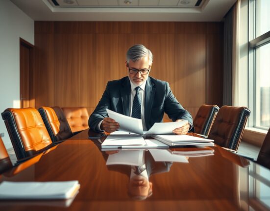 Circle president Heath Tarbert reviewing documents in a corporate boardroom