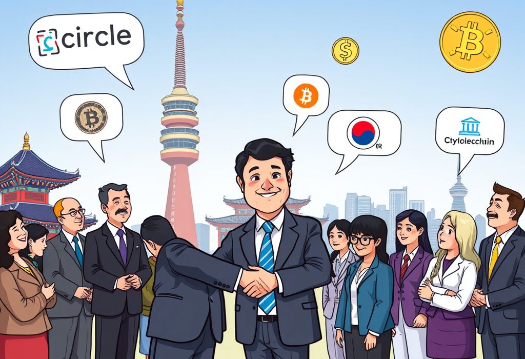 A cartoon illustration of Circle president meeting key figures in South Korea, symbolizing discussions on stablecoin regulation and the nation's crypto market.