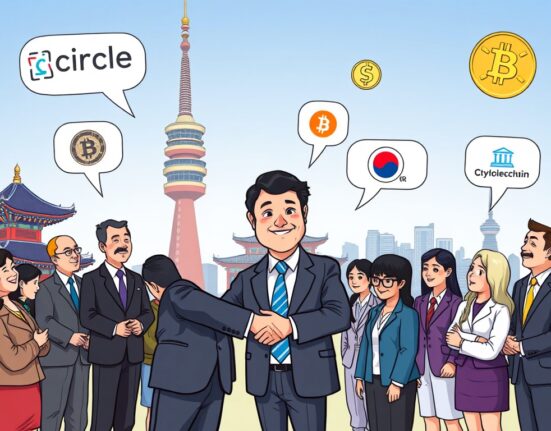 A cartoon illustration of Circle president meeting key figures in South Korea, symbolizing discussions on stablecoin regulation and the nation's crypto market.
