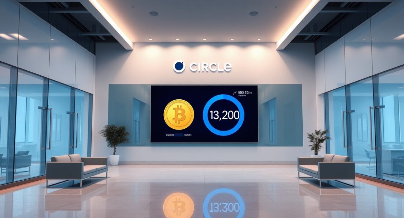 Modern corporate office lobby with digital display showing stablecoin transaction data and Circle branding.