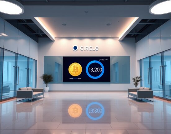 Modern corporate office lobby with digital display showing stablecoin transaction data and Circle branding.