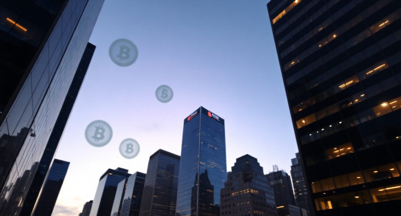 Financial district skyline at dusk representing Circle's digital currency and traditional finance integration.