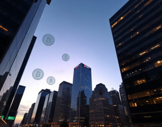 Financial district skyline at dusk representing Circle's digital currency and traditional finance integration.