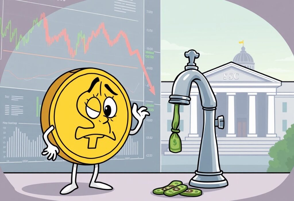 A cartoon illustration showing the potential impact of Fed rate cuts on Circle's revenue, with a worried stablecoin character.