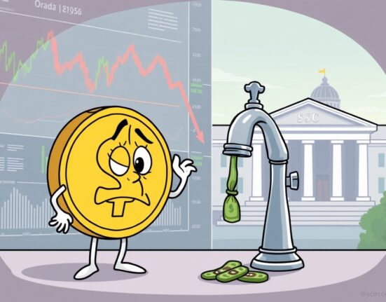 A cartoon illustration showing the potential impact of Fed rate cuts on Circle's revenue, with a worried stablecoin character.