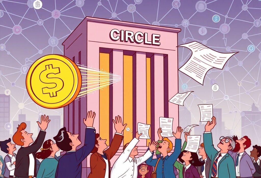 A cartoon image illustrating Circle's public offering of Class A shares, symbolizing new investment opportunities for the USDC stablecoin issuer.