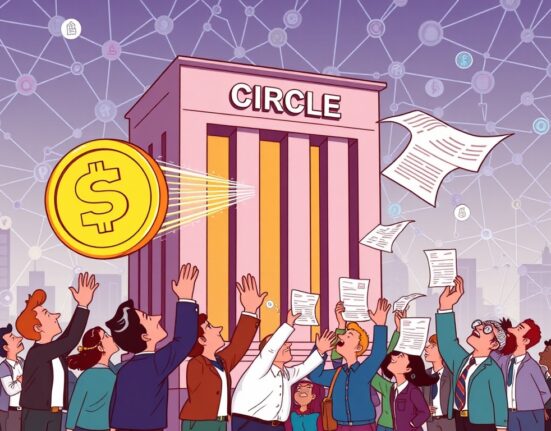 A cartoon image illustrating Circle's public offering of Class A shares, symbolizing new investment opportunities for the USDC stablecoin issuer.