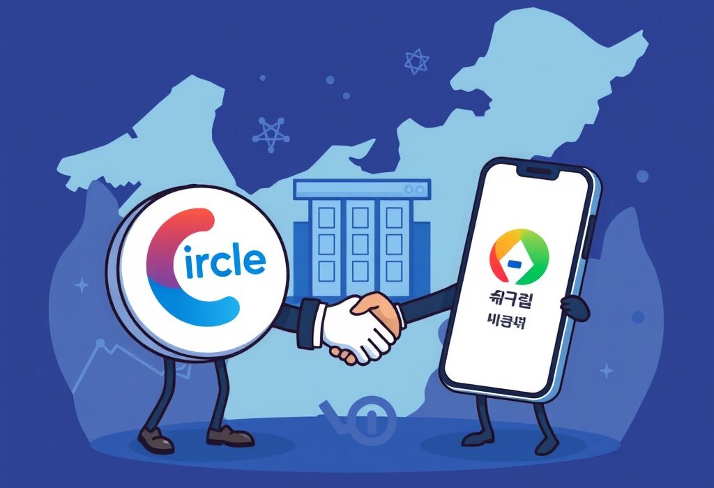 Cartoon illustrates Circle's strategic expansion in South Korea, showing its collaborations with Shinhan Bank and Kakao Pay for USDC stablecoin.