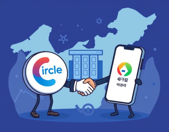 Cartoon illustrates Circle's strategic expansion in South Korea, showing its collaborations with Shinhan Bank and Kakao Pay for USDC stablecoin.