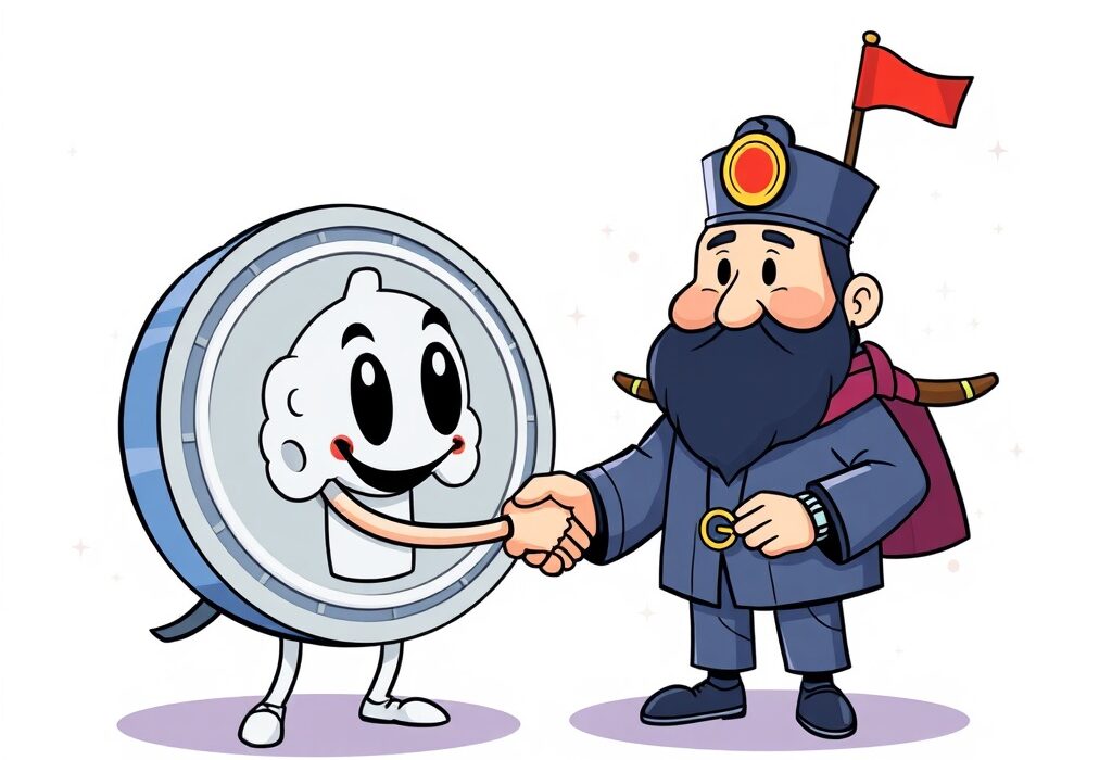 Cartoon illustration symbolizing a strategic Circle South Korea investment, showing collaboration between a stablecoin entity and the Korean market.
