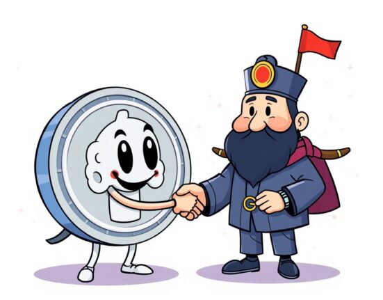 Cartoon illustration symbolizing a strategic Circle South Korea investment, showing collaboration between a stablecoin entity and the Korean market.