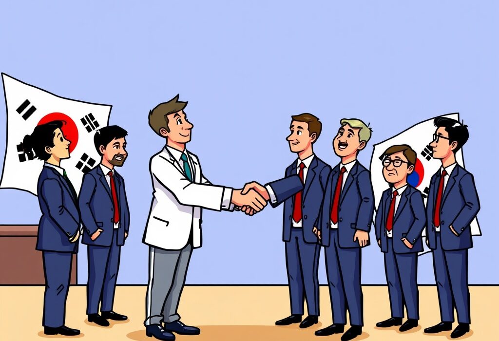 A cartoon illustration symbolizing the crucial Circle South Korea Meeting between a crypto company and major banks to discuss stablecoin adoption.