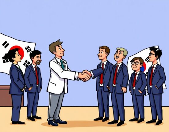 A cartoon illustration symbolizing the crucial Circle South Korea Meeting between a crypto company and major banks to discuss stablecoin adoption.
