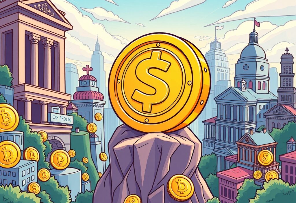 A cartoon illustration depicting the robust position of Circle stablecoin amidst a competitive digital asset landscape, symbolizing its strong market potential.