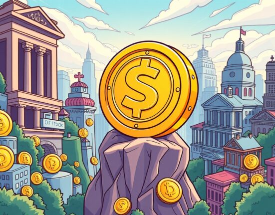 A cartoon illustration depicting the robust position of Circle stablecoin amidst a competitive digital asset landscape, symbolizing its strong market potential.