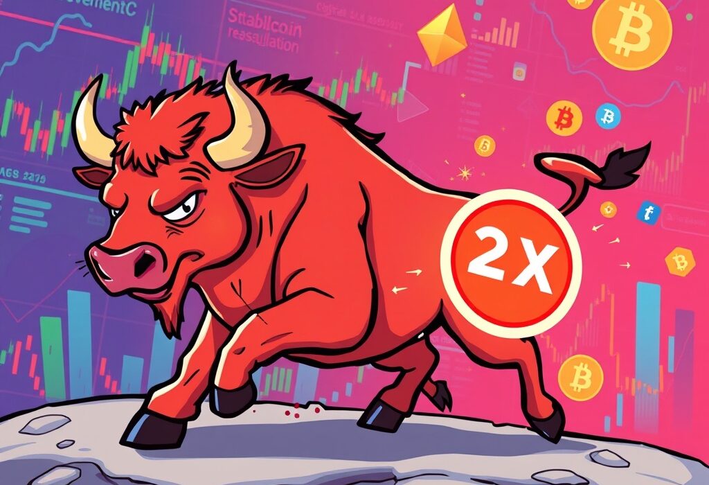 Cartoon bull representing the Circle stock ETF, charging forward to symbolize 2x leveraged crypto growth in the digital asset market.