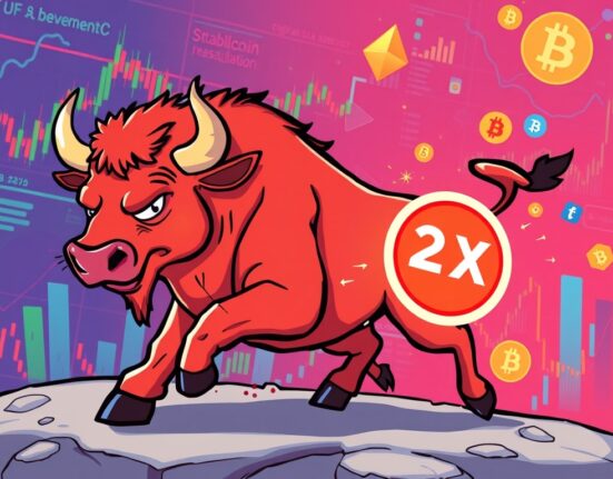 Cartoon bull representing the Circle stock ETF, charging forward to symbolize 2x leveraged crypto growth in the digital asset market.