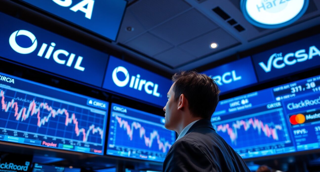 Trader observing stock charts showing Circle CRCL decline amid stablecoin competition news