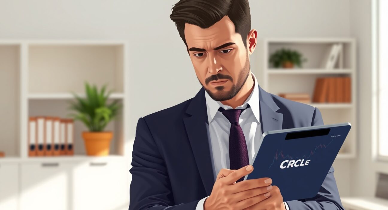 Financial analyst examines Circle stock chart following CLARITY bill announcement and market reaction.