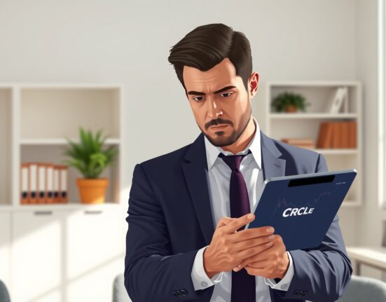 Financial analyst examines Circle stock chart following CLARITY bill announcement and market reaction.